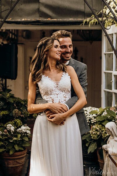 Ivory Lace Applique Rustic Wedding Dresses V - Neck Country Bridal Gown VW2153 - Viniodresswedding dressesIvoryCustom Size - Formal Dresses - Ball Gowns