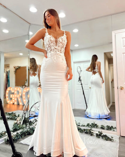 Ivory Lace Applique Satin Mermaid Wedding Dresses Sheer Bodice Spaghetti Strap VW2220-wedding dresses 2025 -Viniodress-Ivory-Custom Size-