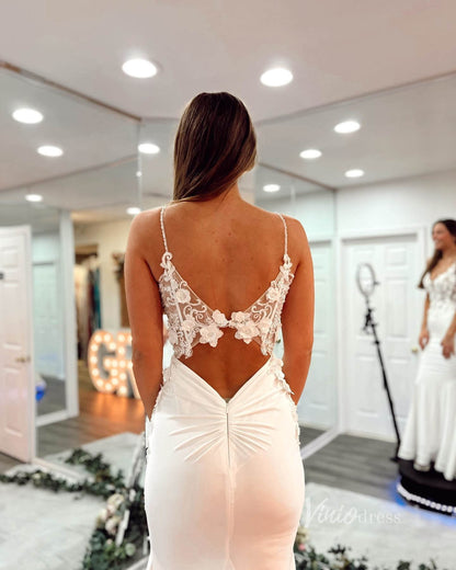 Ivory Lace Applique Satin Mermaid Wedding Dresses Sheer Bodice Spaghetti Strap VW2220-wedding dresses 2025 -Viniodress-Ivory-Custom Size-