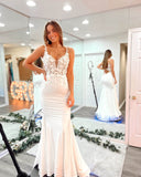 Ivory Lace Applique Satin Mermaid Wedding Dresses Sheer Bodice Spaghetti Strap VW2220