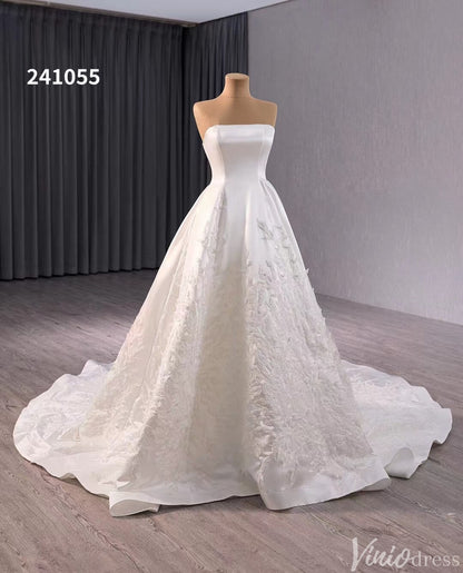 Ivory Lace Applique Satin Wedding Gown Convertible Bridal Dress 241055-wedding dresses 2025 -Viniodress-Ivory-Custom Size-
