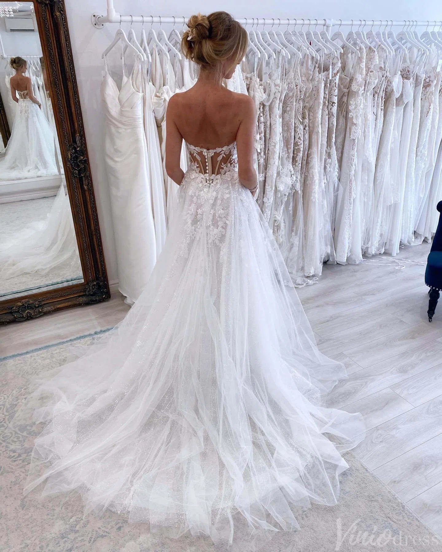 Ivory Lace Applique Sparkly Tulle Wedding Dresses Sweetheart Bridal Gown AW1005-wedding dresses 2025 -Viniodress-Ivory-Custom Size-