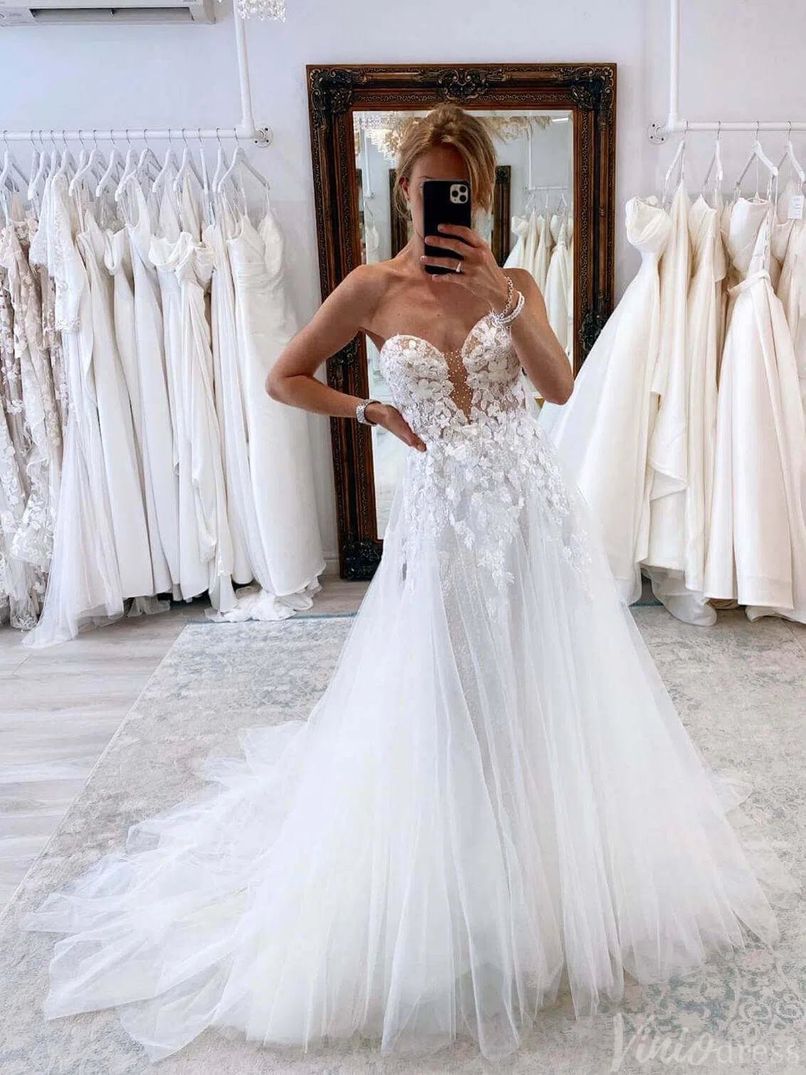 Ivory Lace Applique Sparkly Tulle Wedding Dresses Sweetheart Bridal Gown AW1005-wedding dresses 2025 -Viniodress-Ivory-Custom Size-