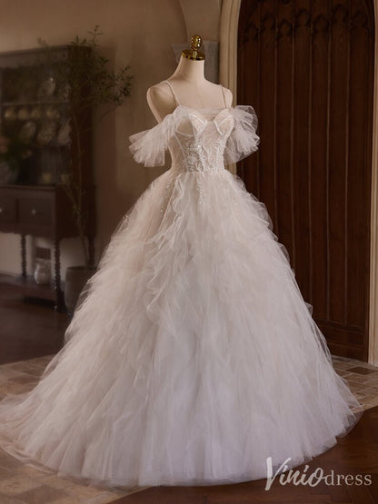 Ivory Lace Applique Tiered Prom Dresses Spaghetti Strap Wedding Gown BJ045-prom dresses 2025 -Viniodress-Ivory-Custom Size-