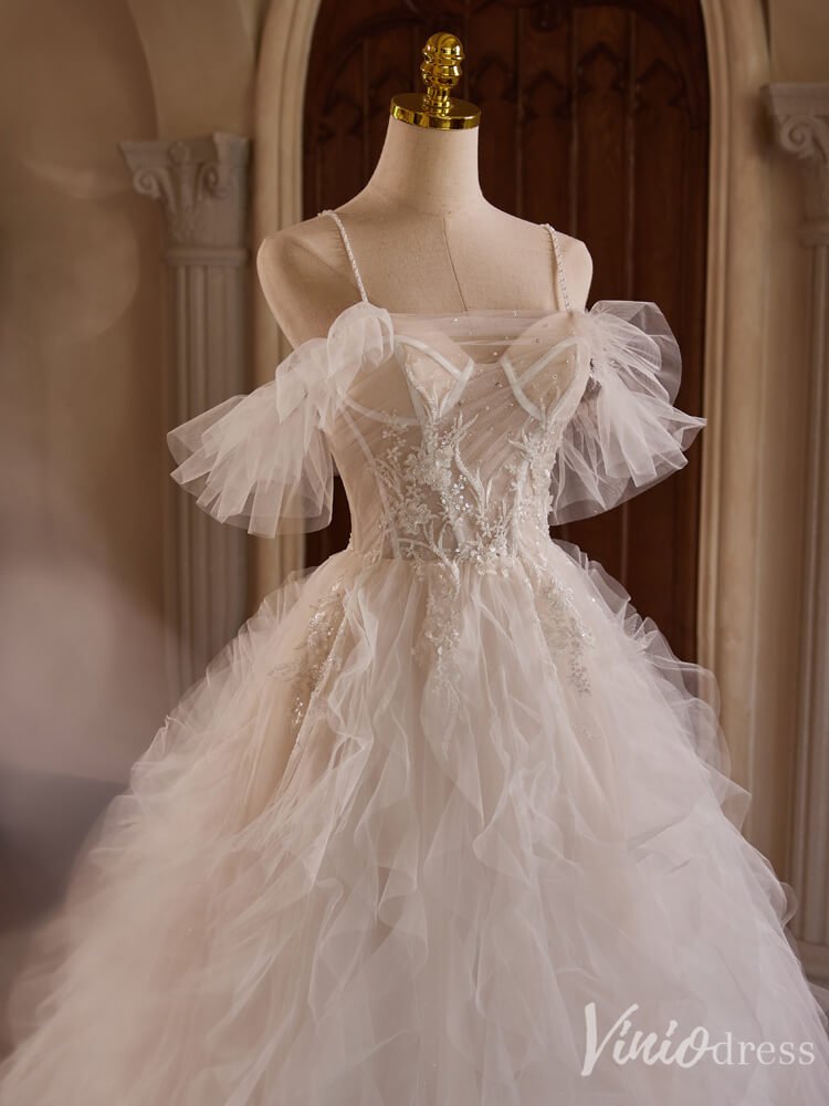 Ivory Lace Applique Tiered Prom Dresses Spaghetti Strap Wedding Gown BJ045-prom dresses 2025 -Viniodress-Ivory-Custom Size-