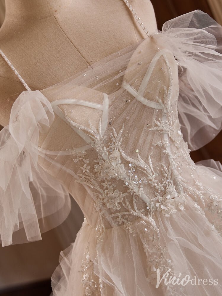 Ivory Lace Applique Tiered Prom Dresses Spaghetti Strap Wedding Gown BJ045-prom dresses 2025 -Viniodress-Ivory-Custom Size-