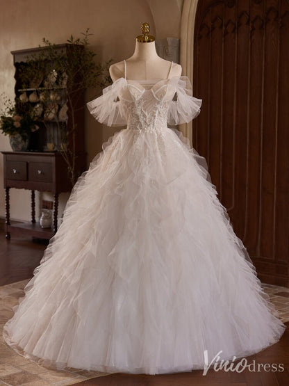Ivory Lace Applique Tiered Prom Dresses Spaghetti Strap Wedding Gown BJ045-prom dresses 2025 -Viniodress-Ivory-Custom Size-
