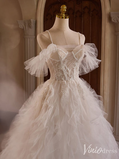 Ivory Lace Applique Tiered Prom Dresses Spaghetti Strap Wedding Gown BJ045-prom dresses 2025 -Viniodress-Ivory-Custom Size-