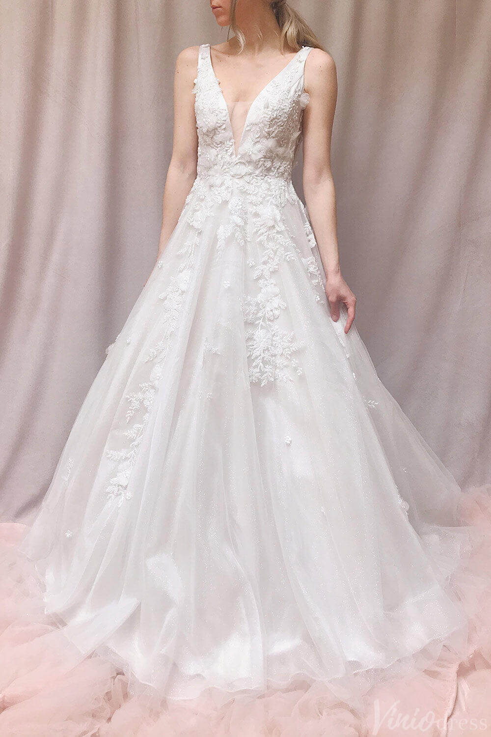 Ivory Lace Applique V-Neck Wedding Dresses Country Bridal Gown VW2158-wedding dresses 2025 -Viniodress-Ivory-Custom Size-