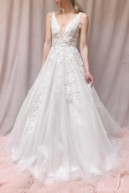 Ivory Lace Applique V-Neck Wedding Dresses Country Bridal Gown VW2158-wedding dresses 2025 -Viniodress-Ivory-Custom Size-