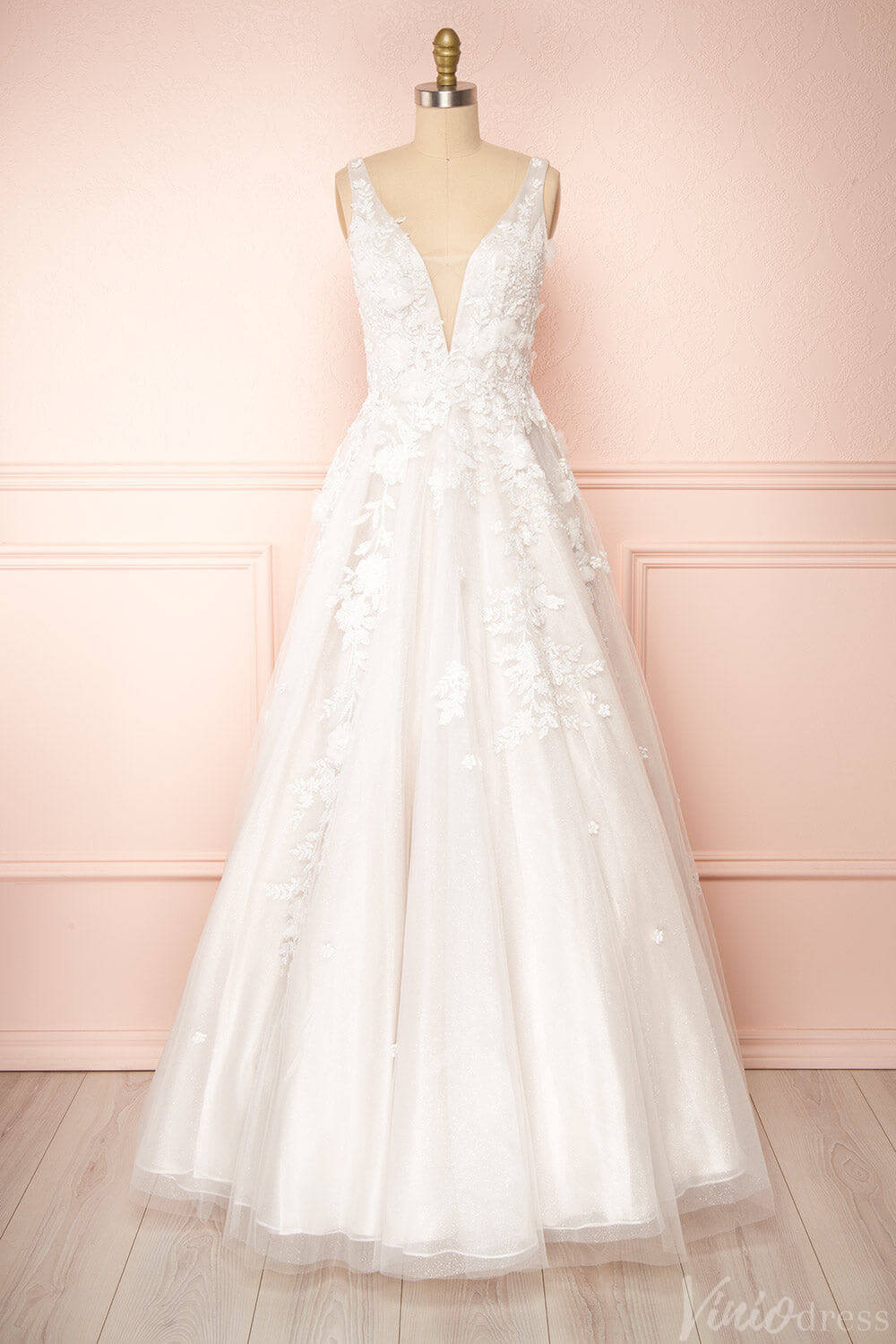 Ivory Lace Applique V-Neck Wedding Dresses Country Bridal Gown VW2158-wedding dresses 2025 -Viniodress-Ivory-Custom Size-