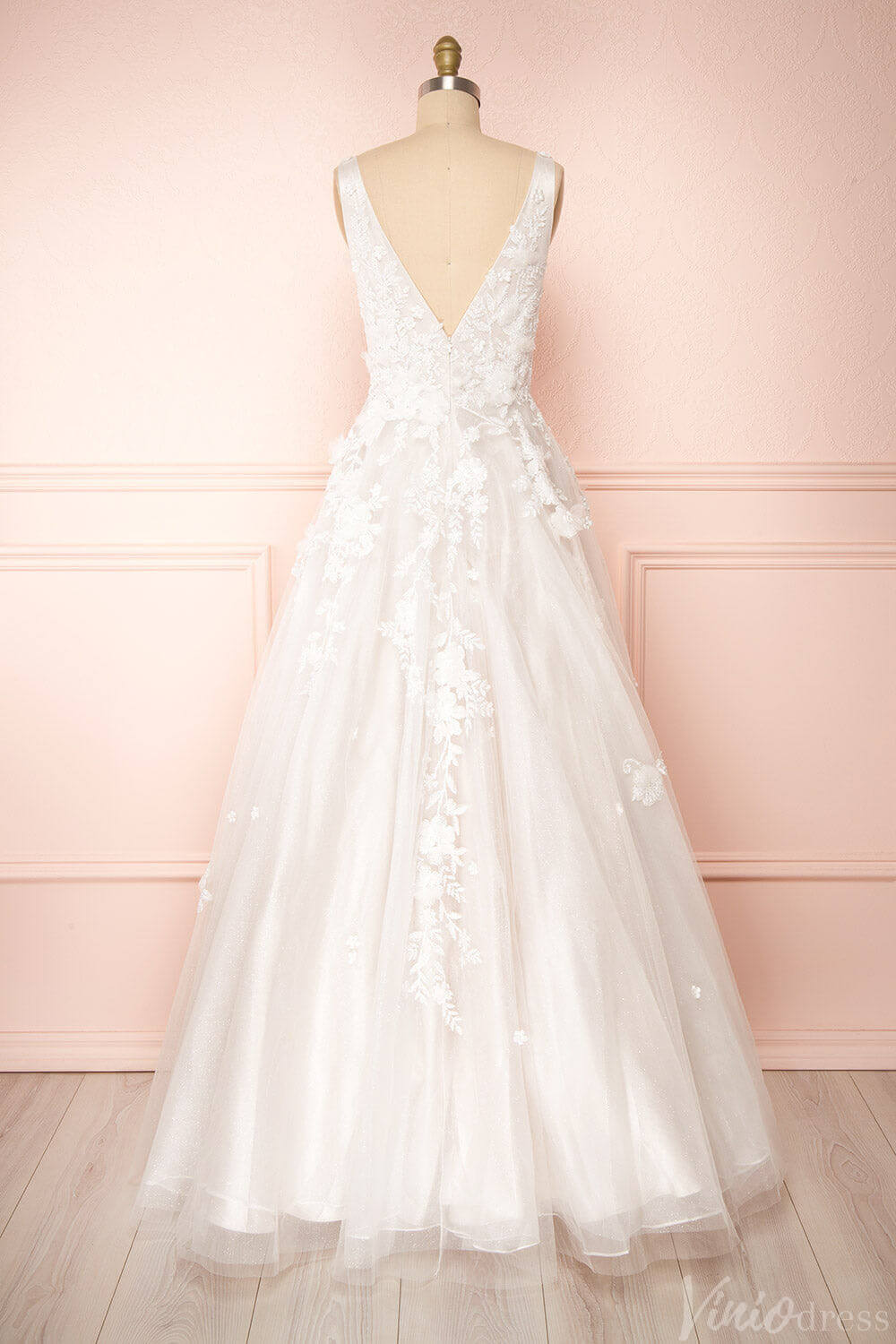 Ivory Lace Applique V-Neck Wedding Dresses Country Bridal Gown VW2158-wedding dresses-Viniodress