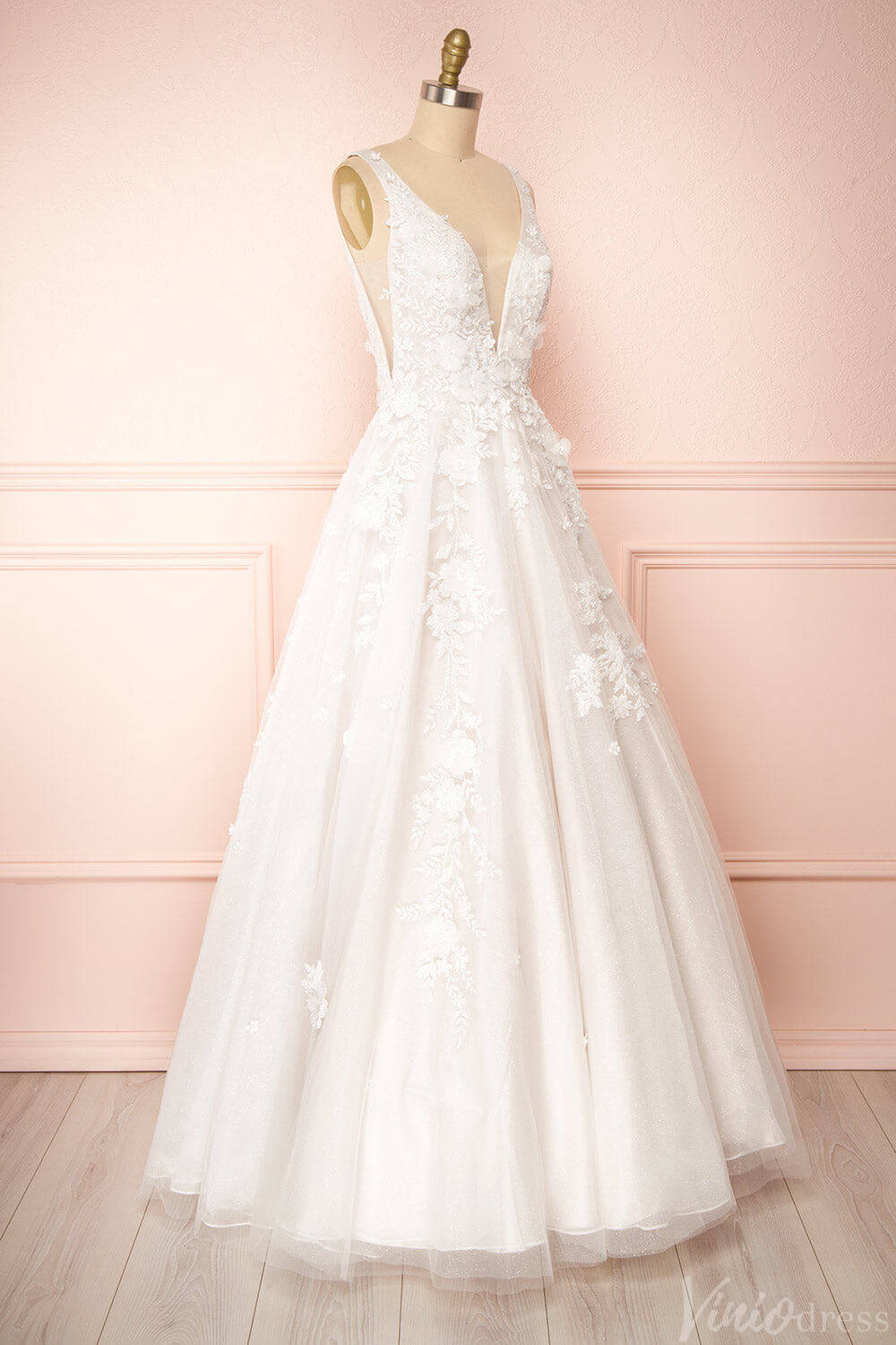 Ivory Lace Applique V-Neck Wedding Dresses Country Bridal Gown VW2158-wedding dresses-Viniodress