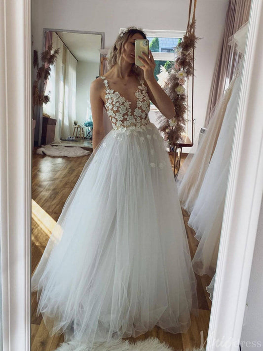Ivory Lace Applique V-Neck Wedding Dresses Spaghetti Strap Rustic Bridal Gown VW2180-wedding dresses 2025 -Viniodress-Ivory-Custom Size-