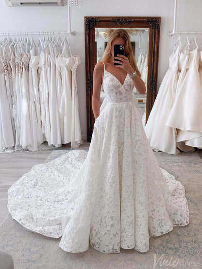 Ivory Lace Applique Wedding Dresses with Pockets Spaghetti Strap Bridal Gown AW1015-wedding dresses 2025 -Viniodress-Ivory-Custom Size-