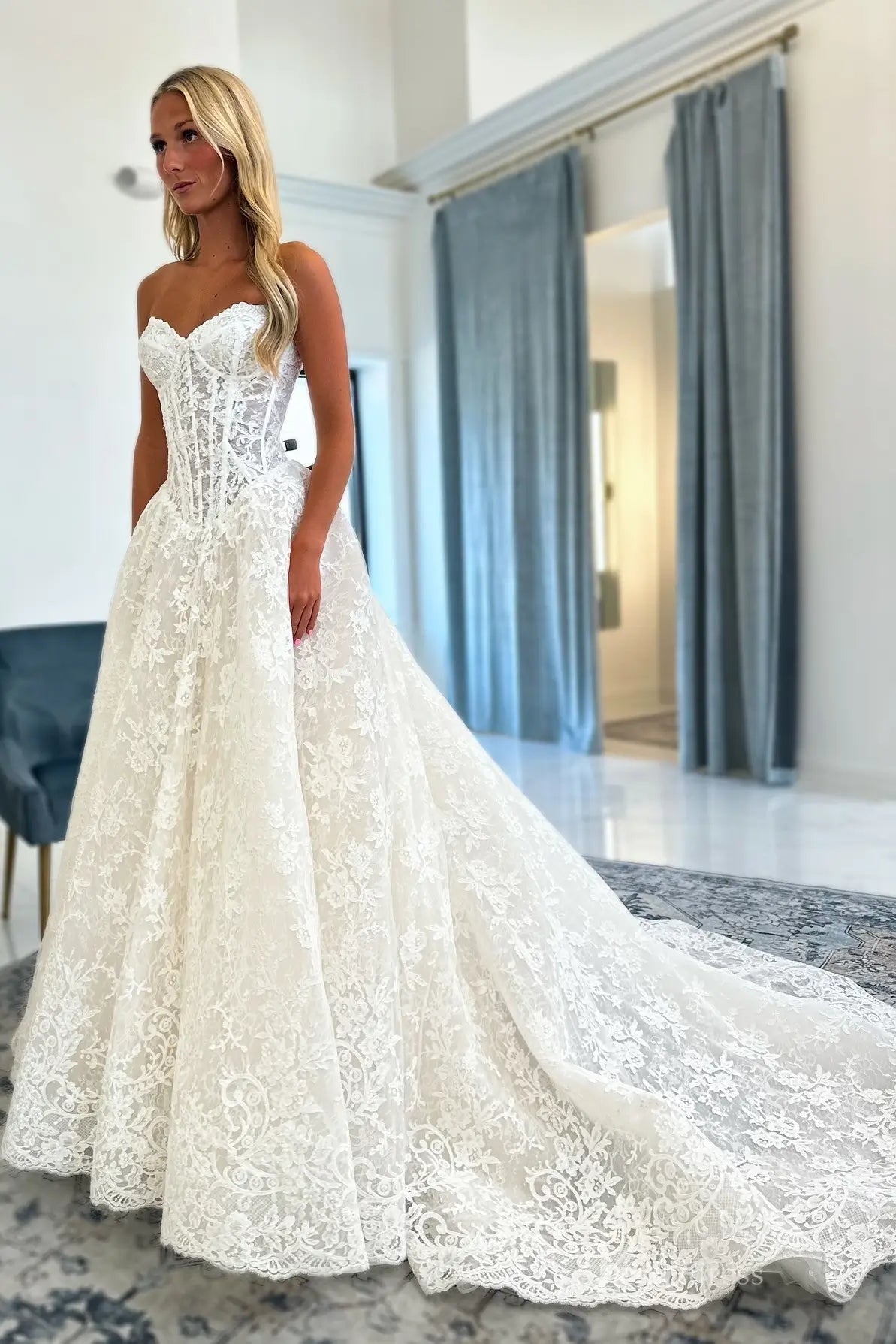 Ivory Lace Ball Gown Wedding Dress with Strapless Corset Bodice, Scalloped Hem & Chapel Train – LC108