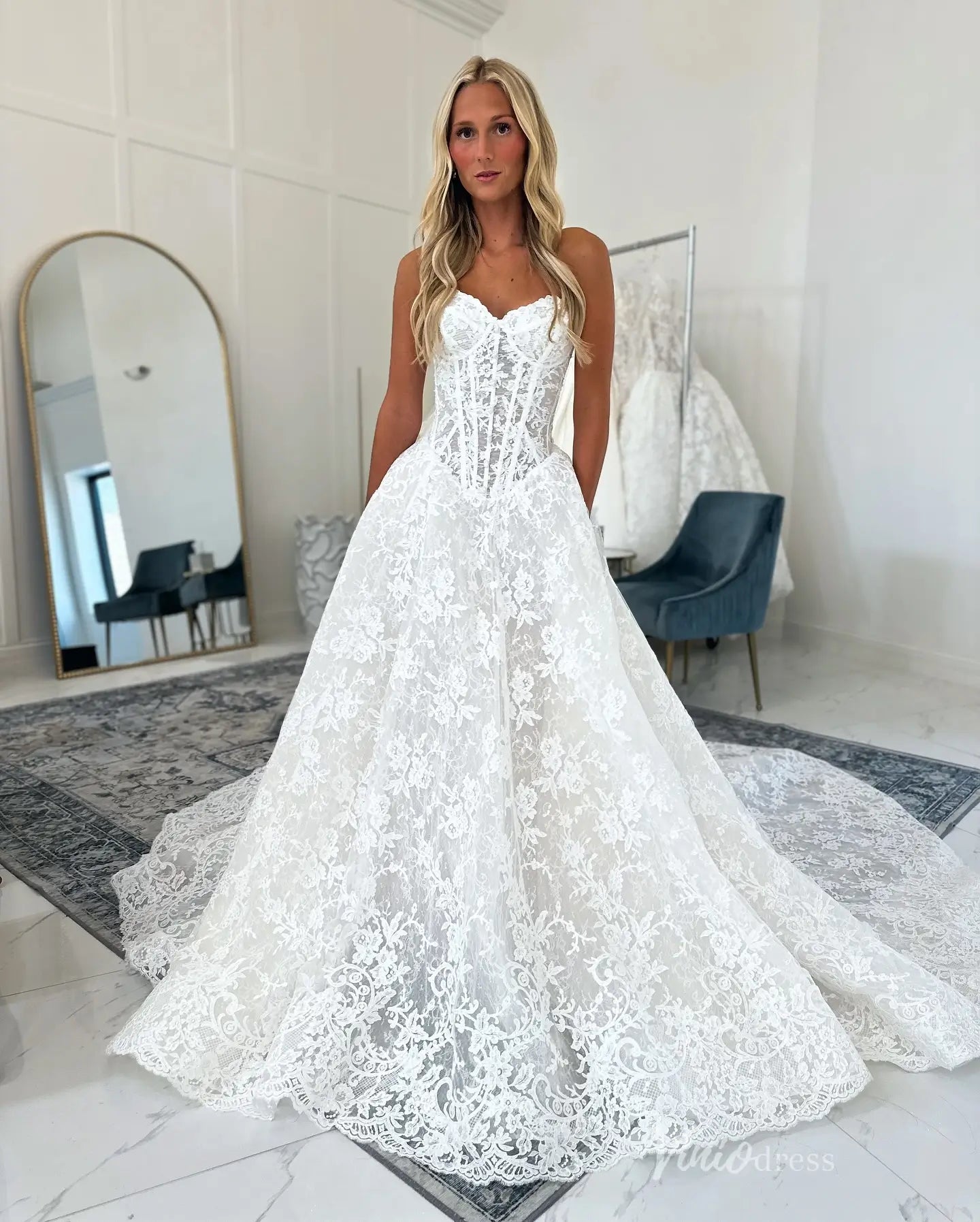 Ivory Lace Ball Gown Wedding Dress with Strapless Corset Bodice, Scalloped Hem & Chapel Train – LC108