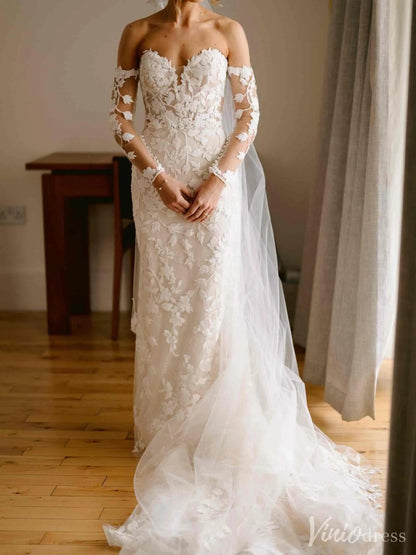 Ivory Lace Boho Wedding Dress with Sheer Long Sleeve, Sweetheart Neckline & Chapel Train – VW2500-wedding dresses 2025 -Viniodress-Ivory-Custom Size-