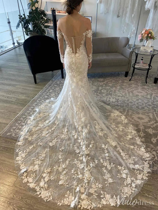 Ivory Lace Boho Wedding Dress with Sheer Long Sleeve, Sweetheart Neckline & Chapel Train – VW2500-wedding dresses 2025 -Viniodress-Ivory-Custom Size-