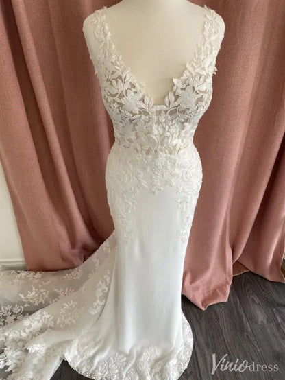 Ivory Lace Boho Wedding Dress with V-Neck, Open Back & Chapel Train – VW2572-wedding dresses 2025 -Viniodress-White-Custom Size-