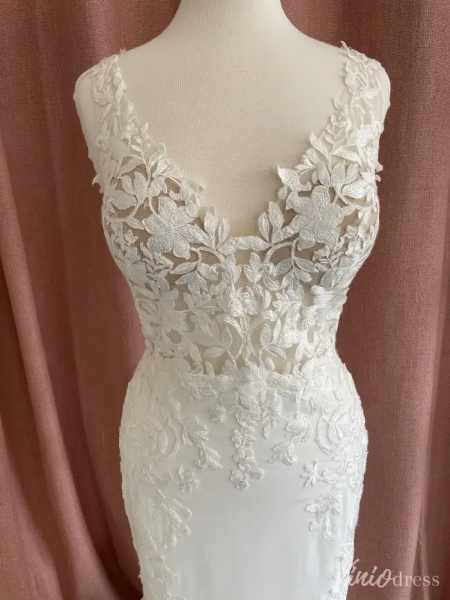 Ivory Lace Boho Wedding Dress with V-Neck, Open Back & Chapel Train – VW2572-wedding dresses 2025 -Viniodress-White-Custom Size-