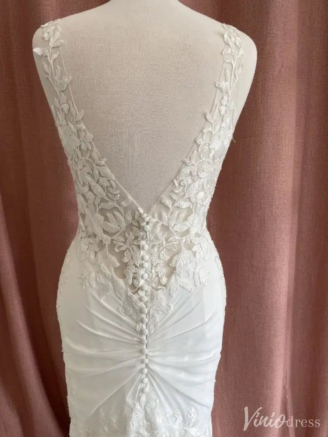 Ivory Lace Boho Wedding Dress with V-Neck, Open Back & Chapel Train – VW2572-wedding dresses 2025 -Viniodress-White-Custom Size-