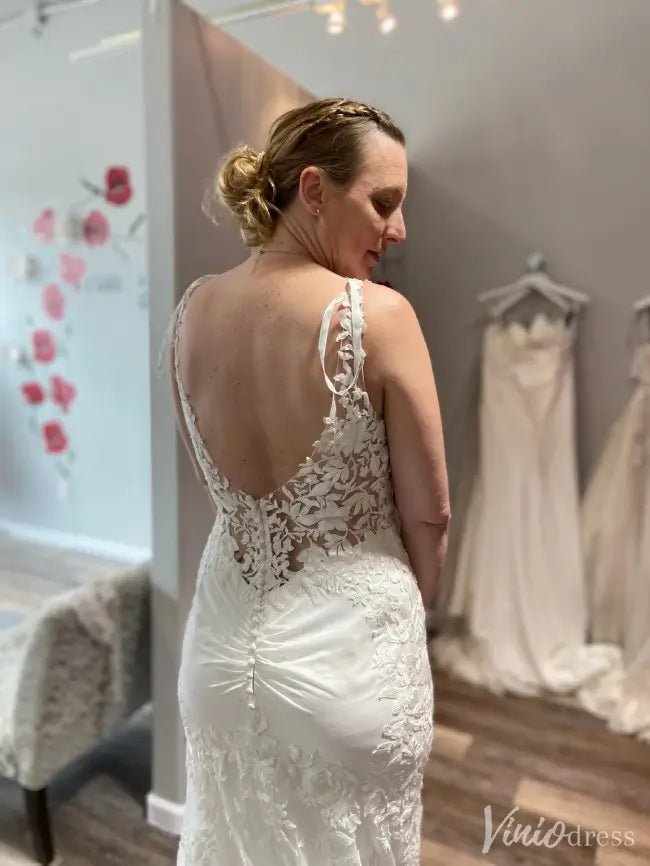 Ivory Lace Boho Wedding Dress with V-Neck, Open Back & Chapel Train – VW2572-wedding dresses 2025 -Viniodress-White-Custom Size-