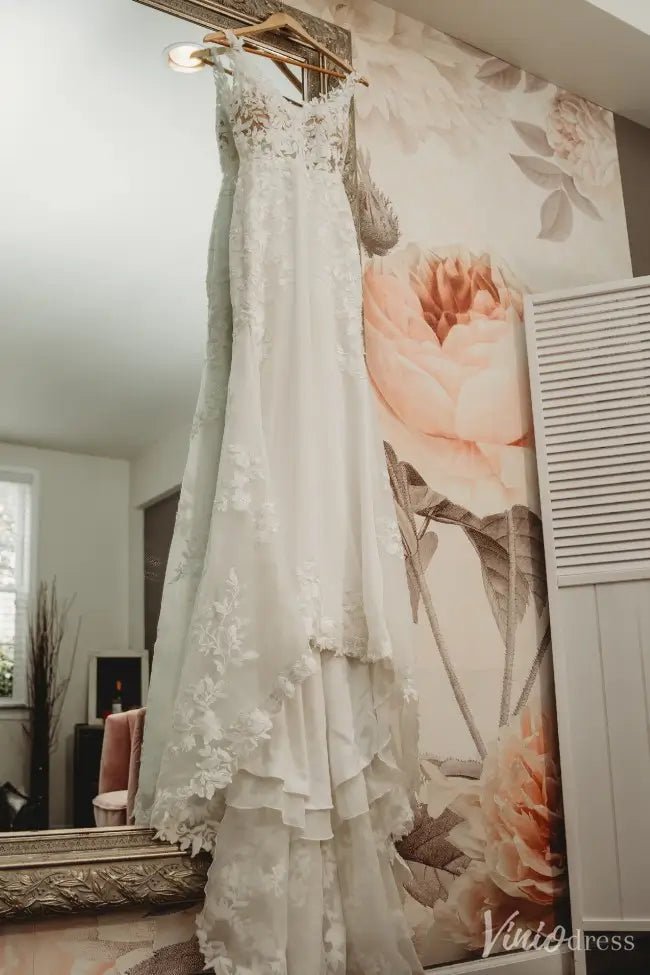 Ivory Lace Boho Wedding Dress with V-Neck, Open Back & Chapel Train – VW2572-wedding dresses 2025 -Viniodress-White-Custom Size-