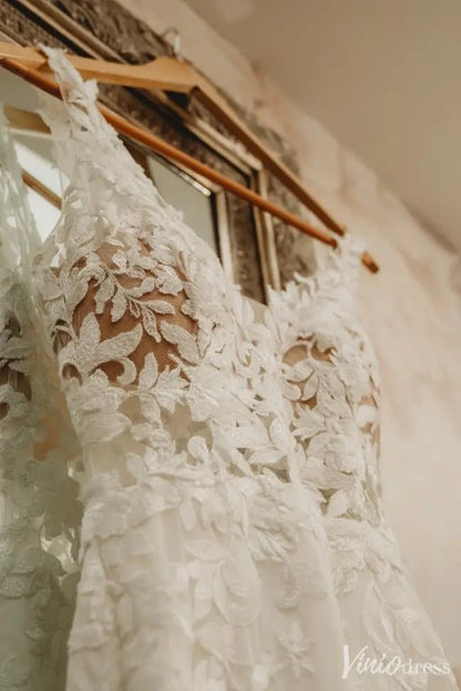 Ivory Lace Boho Wedding Dress with V-Neck, Open Back & Chapel Train – VW2572-wedding dresses 2025 -Viniodress-White-Custom Size-