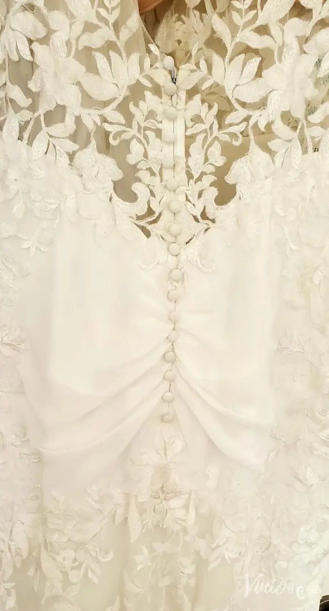 Ivory Lace Boho Wedding Dress with V-Neck, Open Back & Chapel Train – VW2572-wedding dresses 2025 -Viniodress-White-Custom Size-