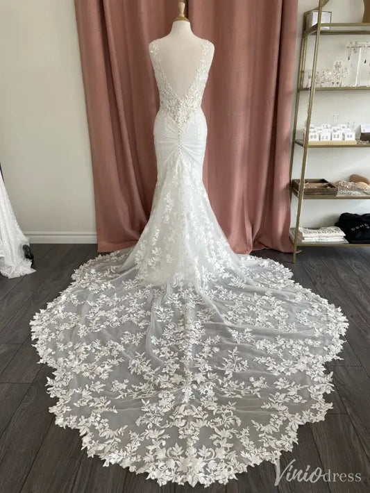 Ivory Lace Boho Wedding Dress with V-Neck, Open Back & Chapel Train – VW2572-wedding dresses 2025 -Viniodress-White-Custom Size-