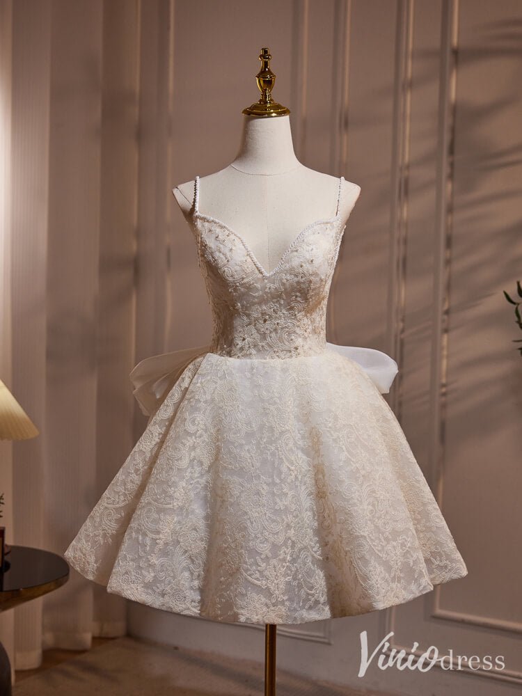 Ivory Lace Bow Tie Homecoming Dresses Spaghetti Strap Open Back BJ036-prom dresses 2025 -Viniodress-Ivory-Custom Size-