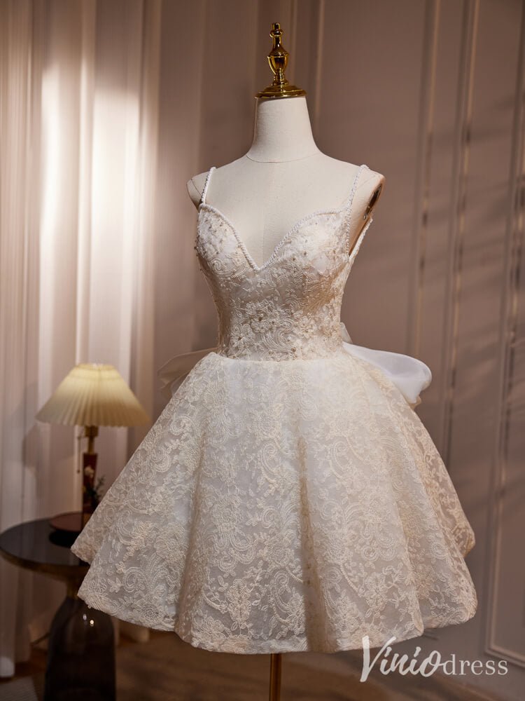 Ivory Lace Bow Tie Homecoming Dresses Spaghetti Strap Open Back BJ036-prom dresses 2025 -Viniodress-Ivory-Custom Size-