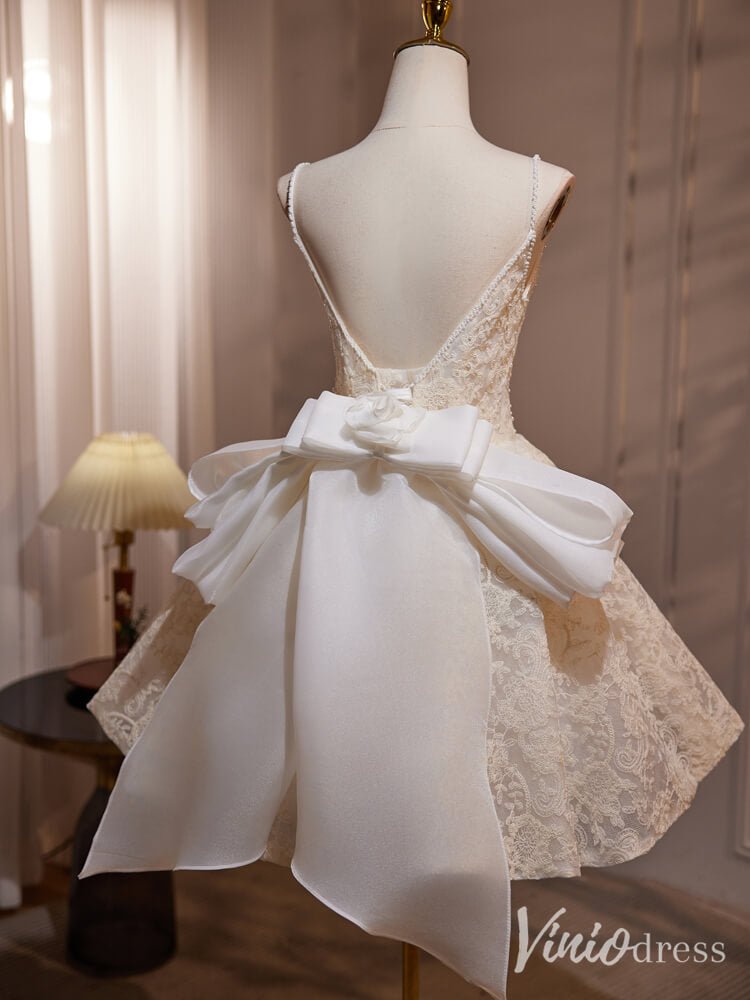 Ivory Lace Bow Tie Homecoming Dresses Spaghetti Strap Open Back BJ036-prom dresses 2025 -Viniodress-Ivory-Custom Size-