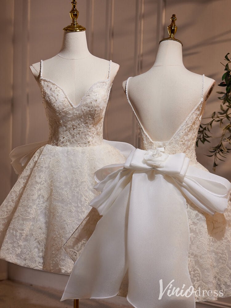 Ivory Lace Bow Tie Homecoming Dresses Spaghetti Strap Open Back BJ036-prom dresses 2025 -Viniodress-Ivory-Custom Size-