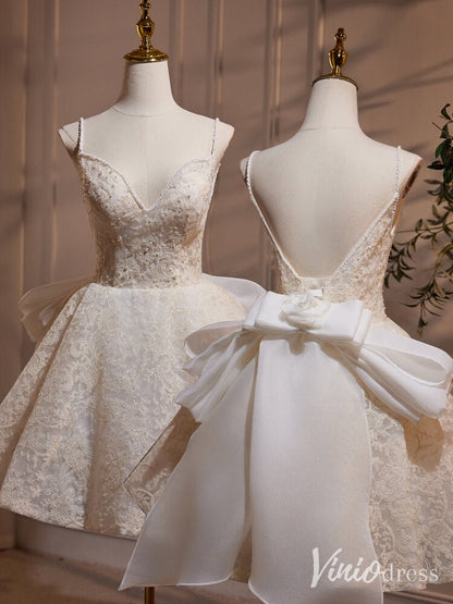 Ivory Lace Bow Tie Homecoming Dresses Spaghetti Strap Open Back BJ036-prom dresses 2025 -Viniodress-Ivory-Custom Size-