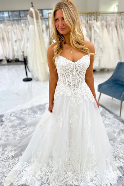 Ivory Strapless Lace Corset A-Line Wedding Dress, Cathedral Train – LA164 –  Viniodress