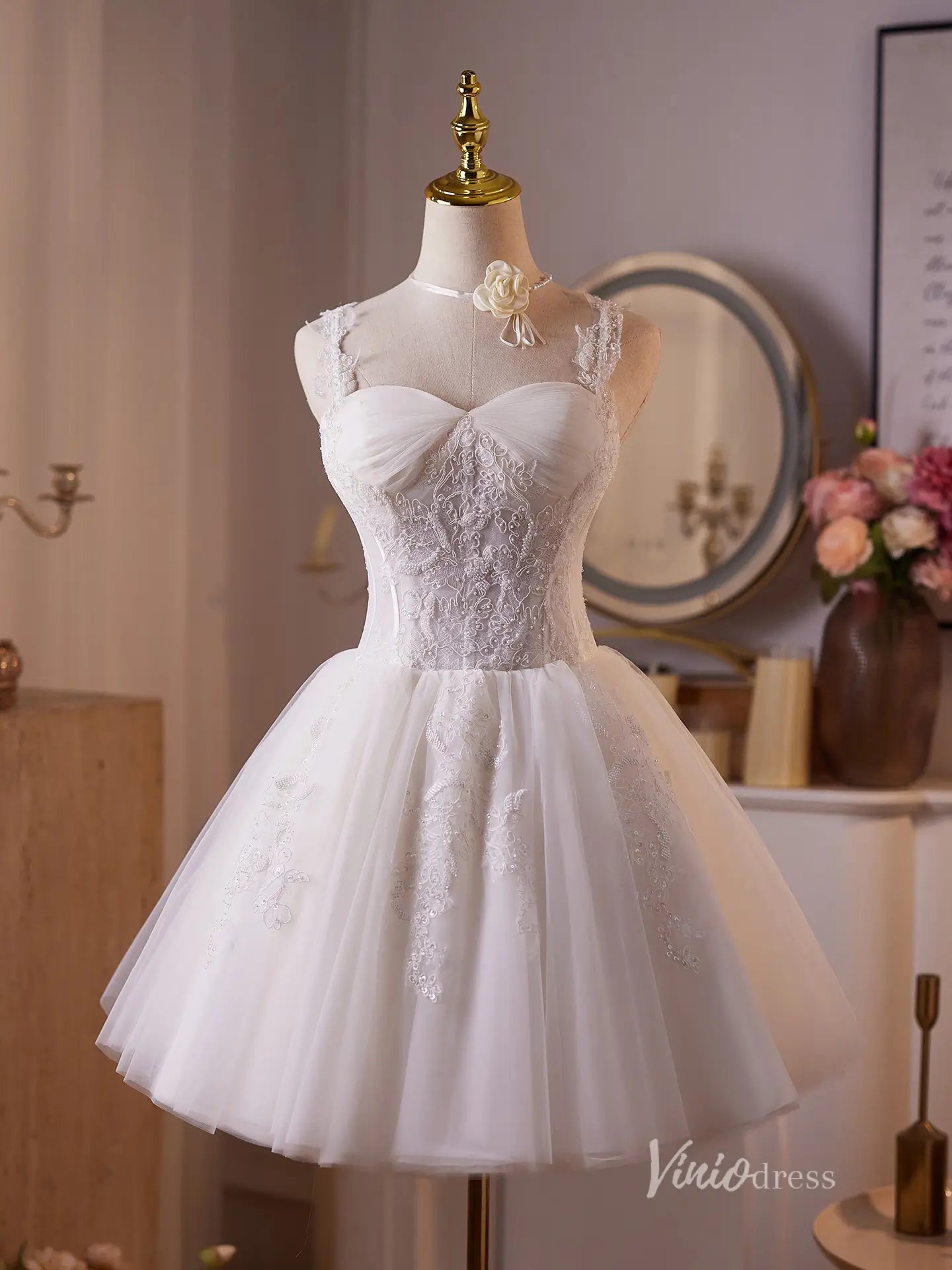 Ivory Lace Homecoming Dress with Sweetheart Neckline, Beaded Details & Lace Straps – BJ094-prom dresses 2025 -Viniodress-Ivory-Custom Size-