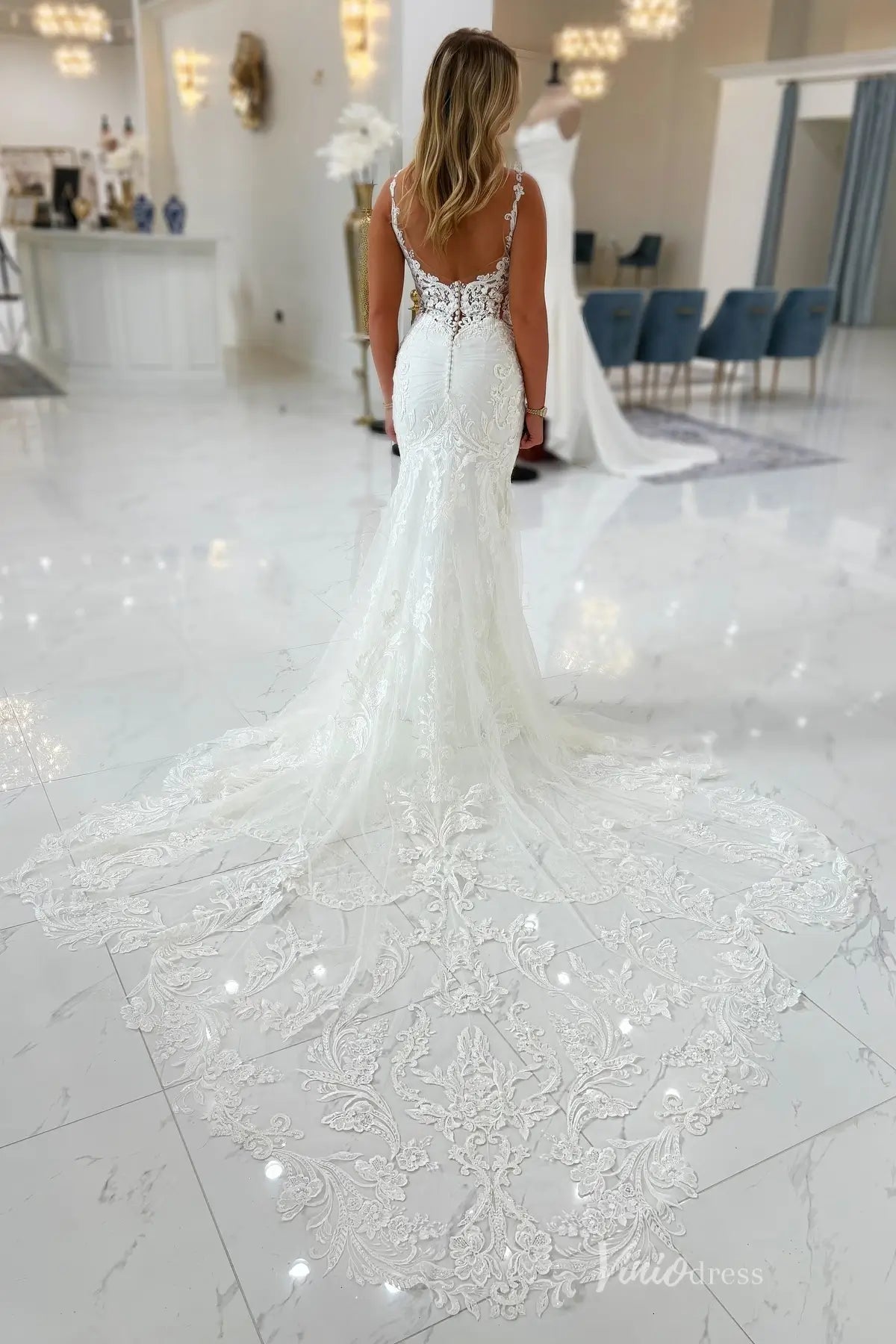 Ivory Lace Mermaid Wedding Dress with Deep V Neckline, Low Back & Chapel Lace Train – ML160-wedding dresses 2026-Viniodress-Ivory-Custom Size-