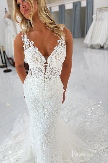Ivory Lace Mermaid Wedding Dress with Deep V Neckline, Low Back & Chapel Lace Train – ML160-wedding dresses 2026-Viniodress-Ivory-Custom Size-
