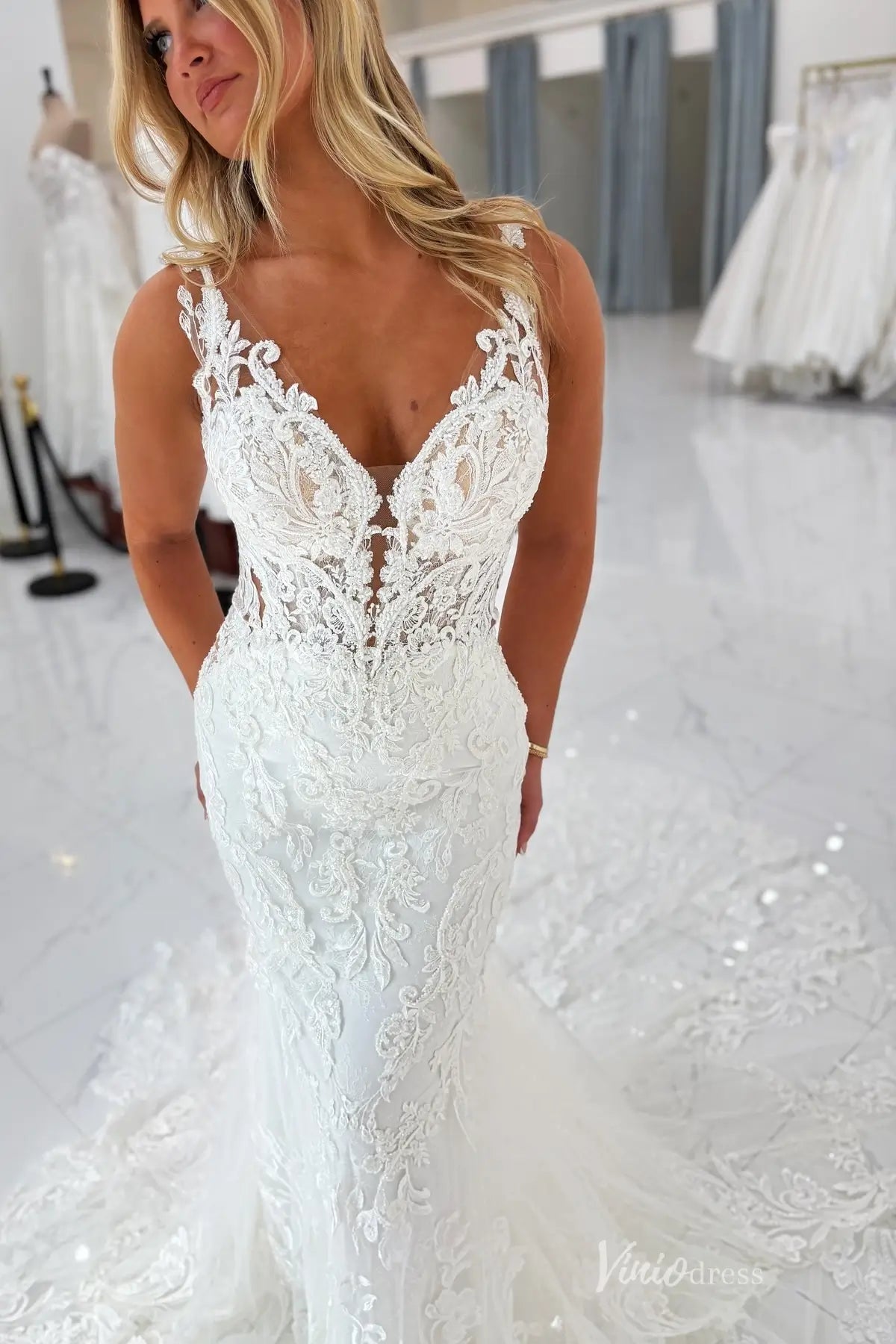 Ivory Lace Mermaid Wedding Dress with Deep V Neckline, Low Back & Chapel Lace Train – ML160-wedding dresses 2026-Viniodress-Ivory-Custom Size-