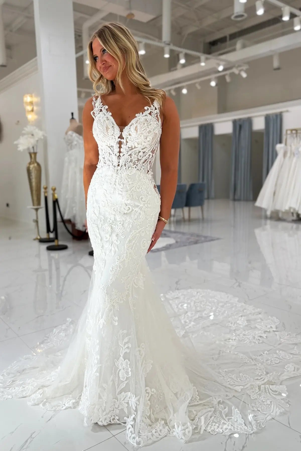 Ivory Lace Mermaid Wedding Dress with Deep V Neckline, Low Back & Chapel Lace Train – ML160