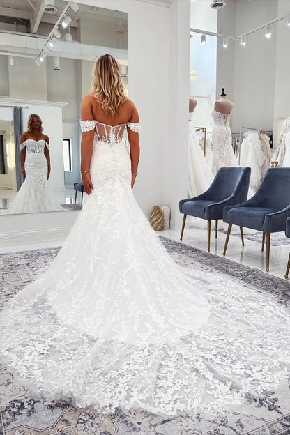 Ivory Lace Mermaid Wedding Dress with Detachable Off-Shoulder Sleeves & Sheer Corset, Chapel Lace Train – ML175-wedding dresses 2026-Viniodress-Ivory-Custom Size-