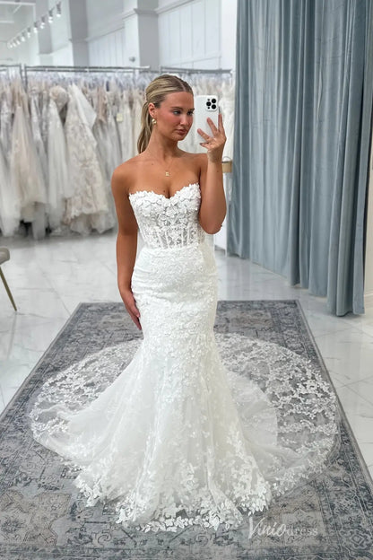 Ivory Lace Mermaid Wedding Dress with Detachable Off-Shoulder Sleeves & Sheer Corset, Chapel Lace Train – ML175-wedding dresses 2026-Viniodress-Ivory-Custom Size-