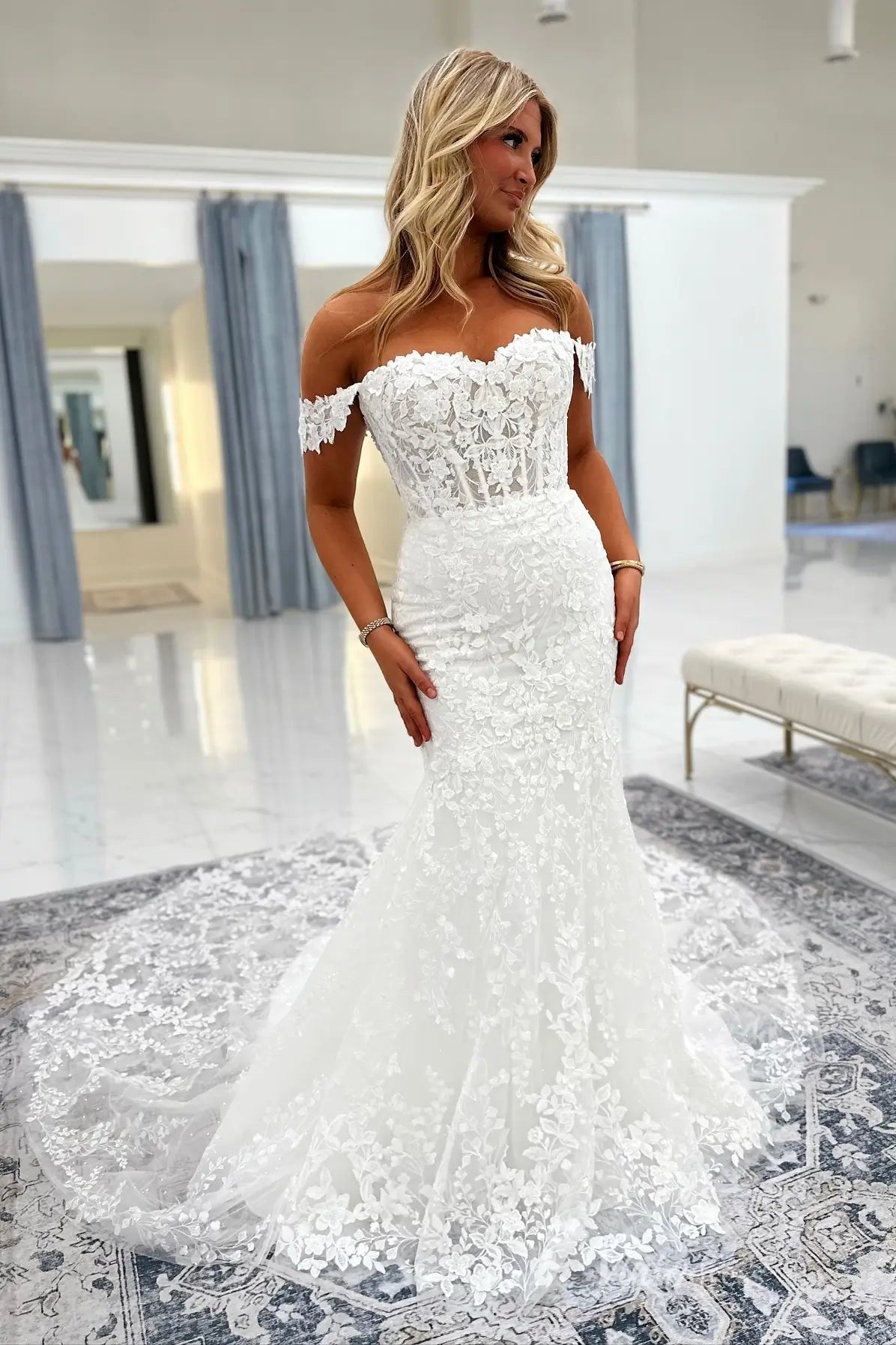 Ivory Lace Mermaid Wedding Dress with Detachable Off-Shoulder Sleeves & Sheer Corset, Chapel Lace Train – ML175