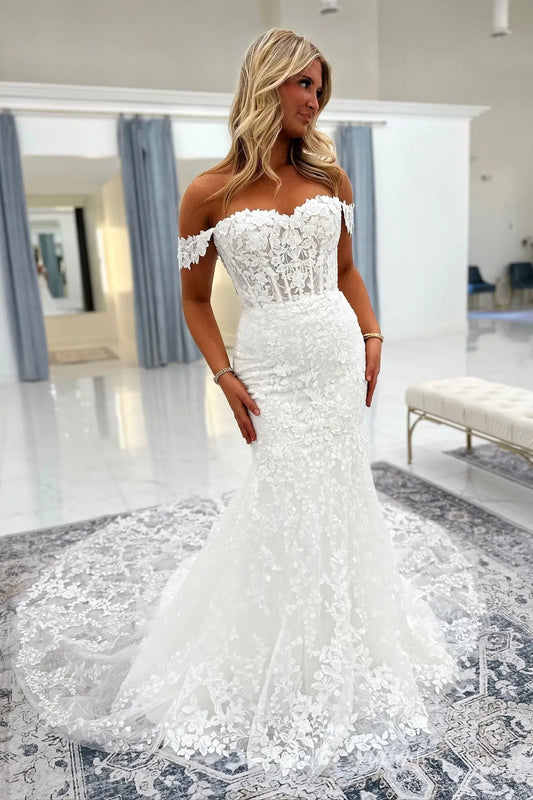 Ivory Lace Mermaid Wedding Dress with Detachable Off-Shoulder Sleeves & Sheer Corset, Chapel Lace Train – ML175