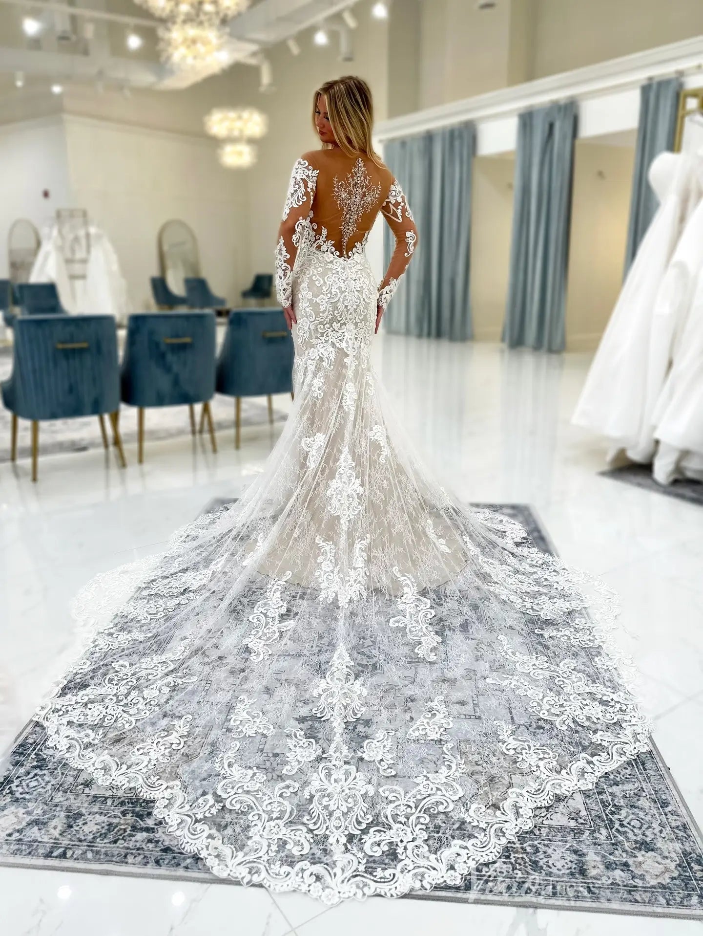 Ivory Lace Mermaid Wedding Dress with Long Sleeves, Deep V Illusion Bodice & Chapel Lace Train – ML165