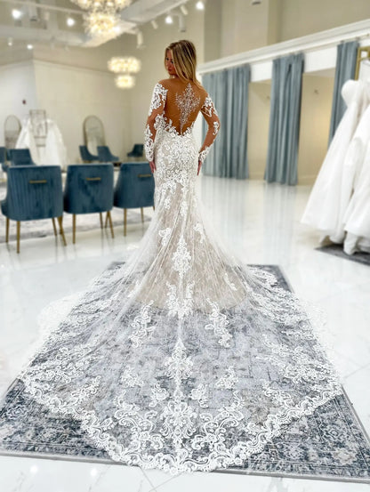 Ivory Lace Mermaid Wedding Dress with Long Sleeves, Deep V Illusion Bodice & Chapel Lace Train – ML165