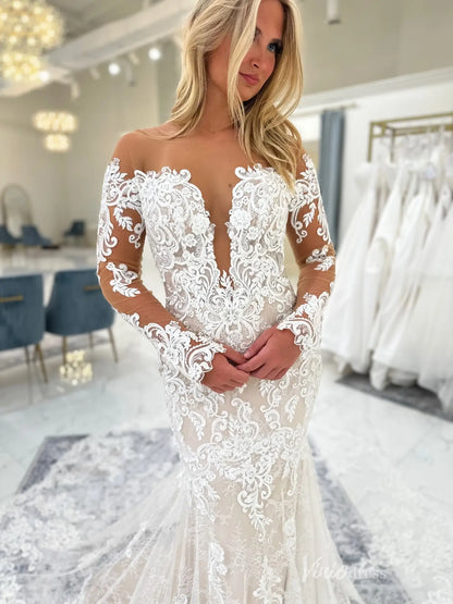 Ivory Lace Mermaid Wedding Dress with Long Sleeves, Deep V Illusion Bodice & Chapel Lace Train – ML165-wedding dresses 2026-Viniodress-Ivory-Custom Size-