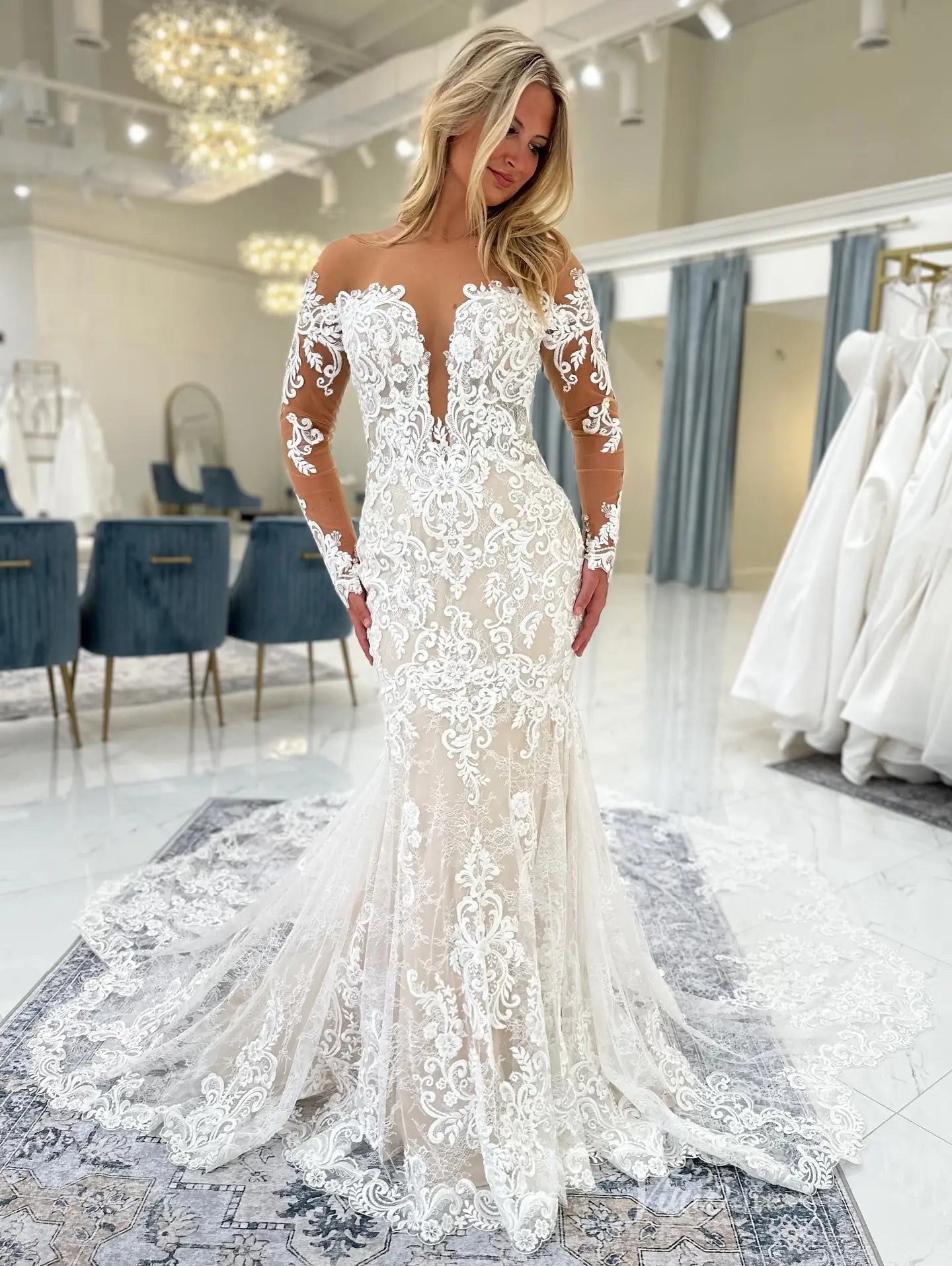 Ivory Lace Mermaid Wedding Dress with Long Sleeves, Deep V Illusion Bodice & Chapel Lace Train – ML165
